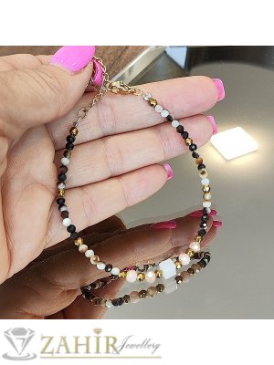 Мега яка гривна за ръка или глезен от естествен бежово-кафяв седеф 3 мм топче и стоманени елементи, закопчалка и удължител - GA3110